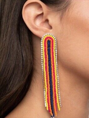 NEW Beaded Fringe Statement Earrings in Yellow, Pink & Blue #0354